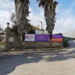 Stokarea - Mini Armazens Self storage Vista da rua de uma propriedade com duas grandes palmeiras na frente. Um muro de pedra apresenta uma placa para Stokarea Self Storage com informações de contato. Uma estrada sinuosa é visível à direita, ladeada por árvores e um céu limpo acima. Lidar em Portugal