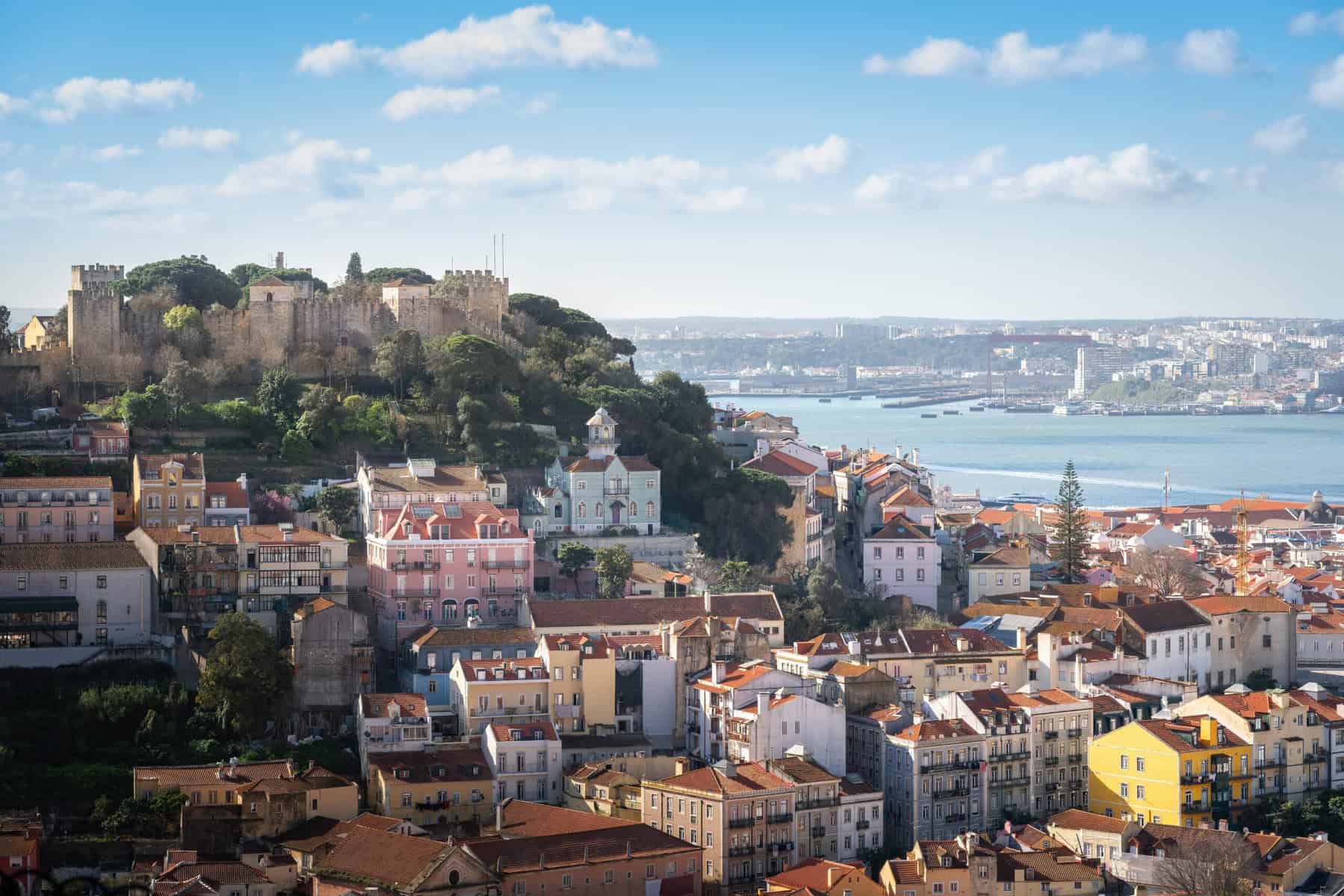 Stokarea - Mini Armazens Self storage Uma vista panorâmica de Lisboa com uma mistura de edifícios coloridos com telhados de terracota. Ao fundo, há um castelo histórico em uma colina e o Rio Tejo sob um céu azul claro com nuvens fofas. Lidar em Portugal