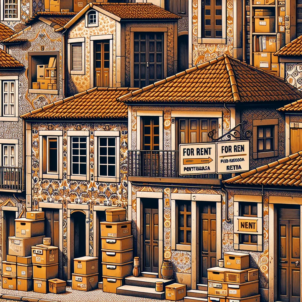 Stokarea - Mini Armazens Self storage Um conjunto de casas com telhados de telha, cobertas por placas de "Aluga-se" em vários idiomas. Inúmeras caixas de papelão empilhadas nas portas e calçadas, sugerindo mudanças recentes ou iminentes. Lidar em Portugal