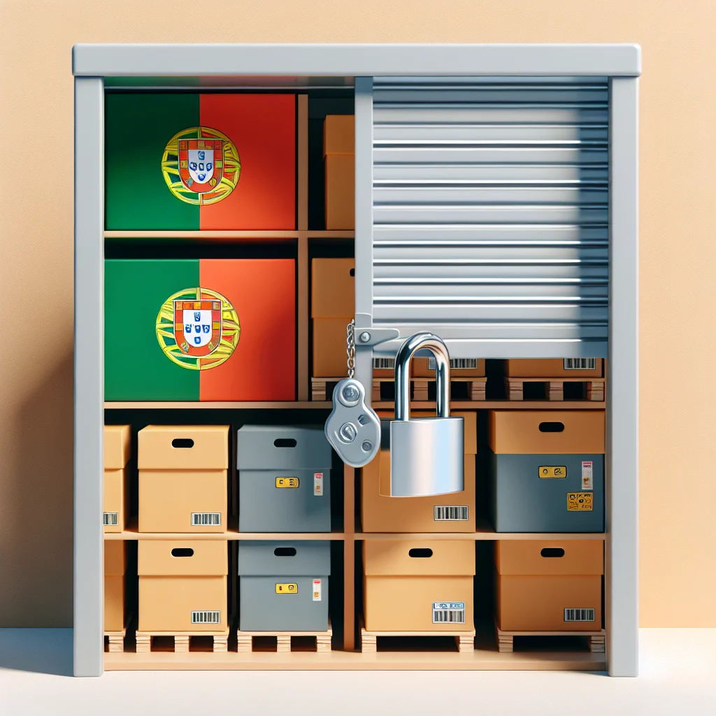 Stokarea - Mini Armazens Self storage Um depósito repleto de caixas de papelão empilhadas, algumas com tampas cinzas. As portas estão parcialmente abertas, revelando duas bandeiras portuguesas em seu interior. Um grande cadeado e uma chave estão pendurados na porta. Lidar em Portugal