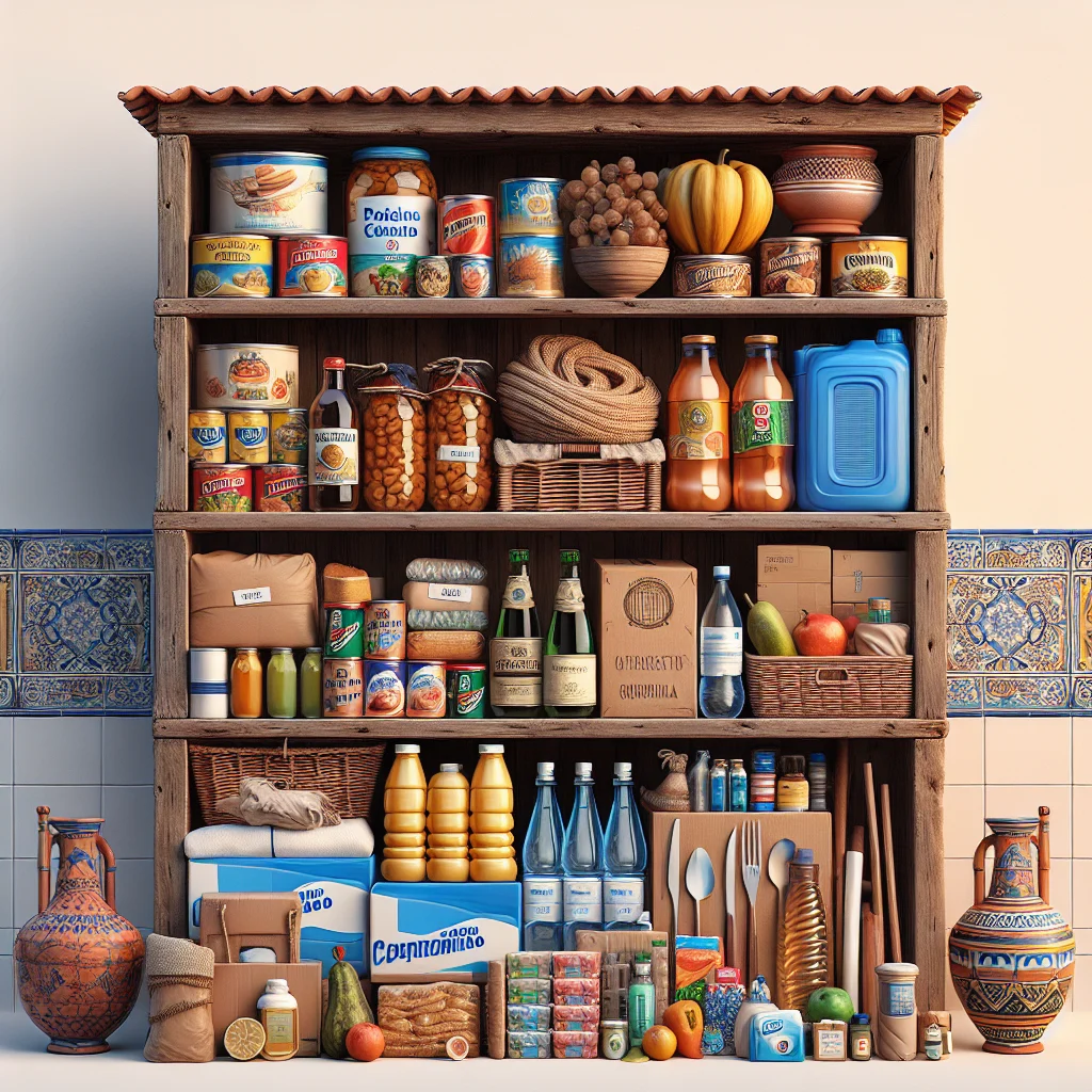 Stokarea - Mini Armazens Self storage Uma prateleira rústica de madeira para despensa, cheia de enlatados, garrafas, potes, massas, produtos frescos, pães e utensílios de cozinha, encostada em uma parede de azulejos com cerâmica decorativa no chão ao redor. Lidar em Portugal