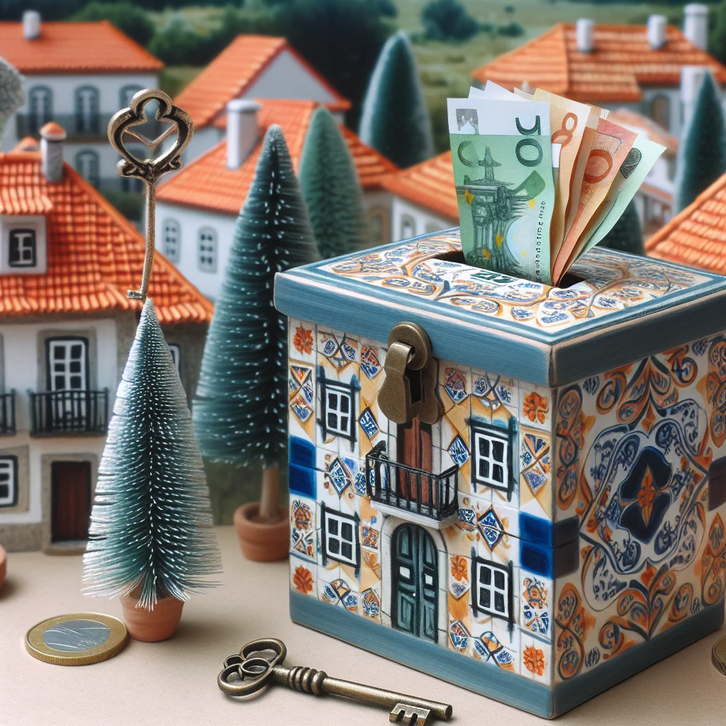 Stokarea - Mini Armazens Self storage Um cofrinho decorativo de cerâmica em formato de casa com notas de euro para fora, cercado por casas em miniatura, árvores de brinquedo, uma chave vintage e moedas de euro, evocando o tema de economia para uma casa. Lidar em Portugal