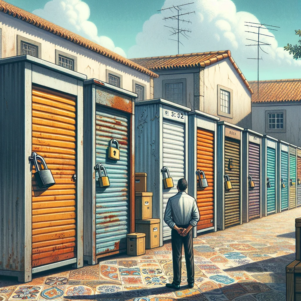 Stokarea - Mini Armazens Self storage Um homem está em pé em uma calçada estampada, de frente para uma fileira de armários coloridos com grandes cadeados. Algumas caixas estão empilhadas nas proximidades, e casas com telhados de telha e antenas são visíveis ao fundo. Lidar em Portugal