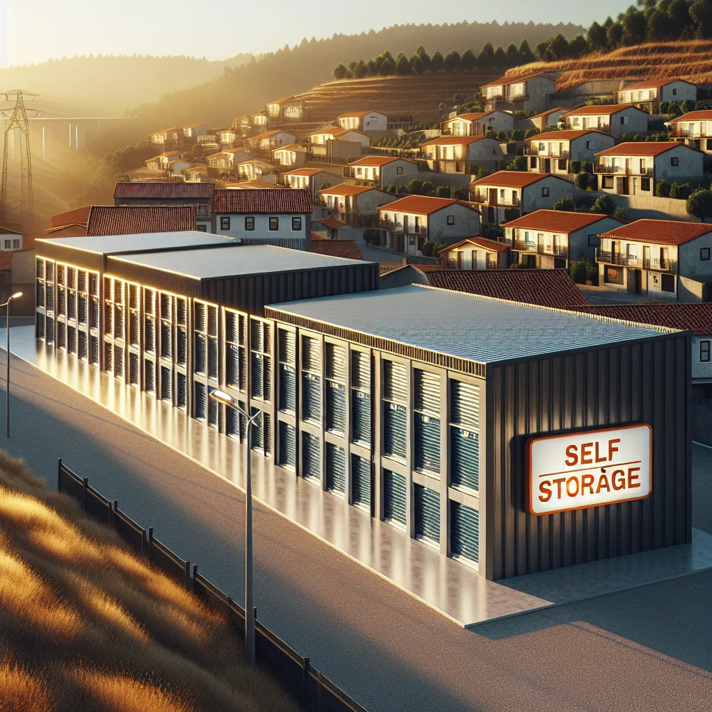 Stokarea - Mini Armazens Self storage Um moderno centro de autoarmazenamento com várias unidades e uma grande placa de AUTOARMAZENAMENTO está localizado perto de um bairro residencial com fileiras de casas em uma encosta ao pôr do sol. Lidar em Portugal