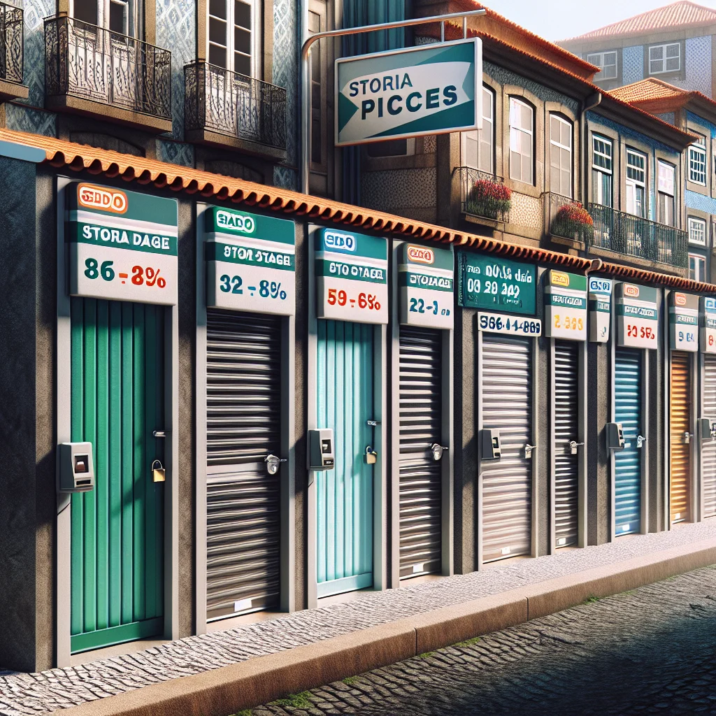 Stokarea - Mini Armazens Self storage Uma fileira de vitrines coloridas com persianas metálicas fechadas, cada uma exibindo diferentes preços e porcentagens em placas acima. A rua está vazia, e prédios antigos com varandas são visíveis acima das lojas. Lidar em Portugal