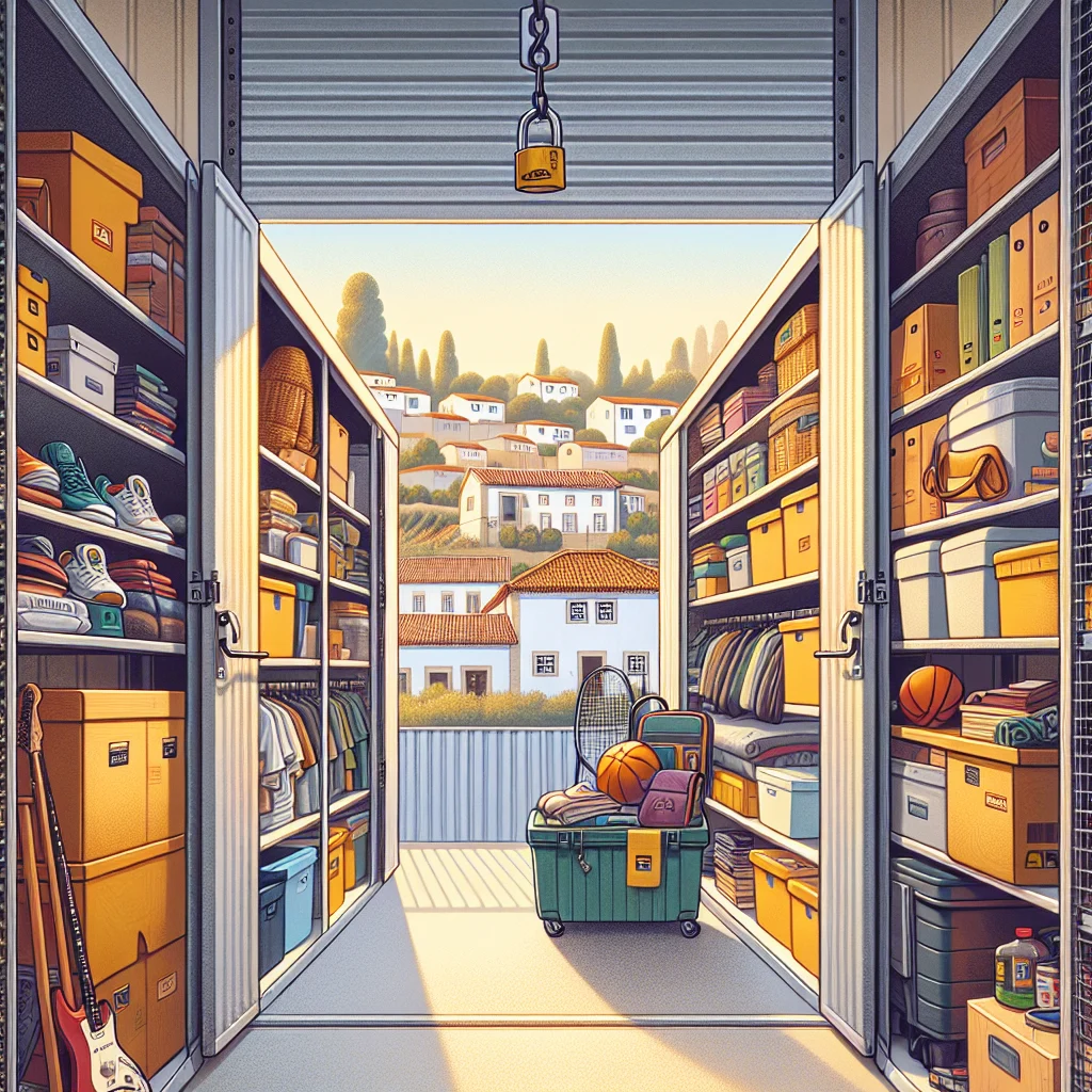 Stokarea - Mini Armazens Self storage Um depósito organizado com portas abertas, repleto de caixas etiquetadas, equipamentos esportivos e diversos itens em prateleiras. A luz do sol entra, revelando uma vista panorâmica das casas e da vegetação lá fora. Lidar em Portugal