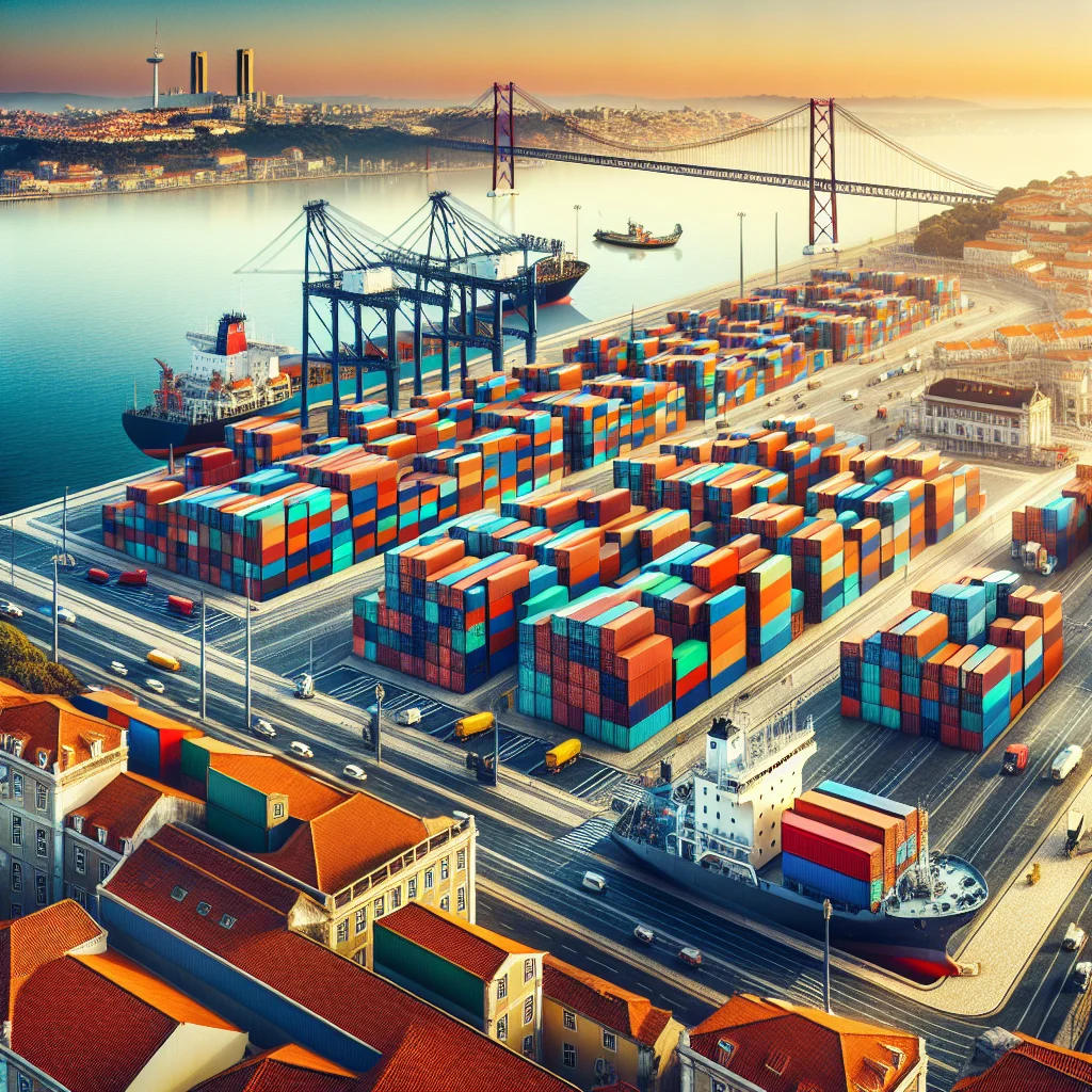 Stokarea - Mini Armazens Self storage Um porto movimentado com contêineres coloridos, guindastes, navios de carga e caminhões; uma grande ponte suspensa atravessa o rio ao fundo, e prédios da cidade se alinham à beira-mar sob um céu claro. Lidar em Portugal