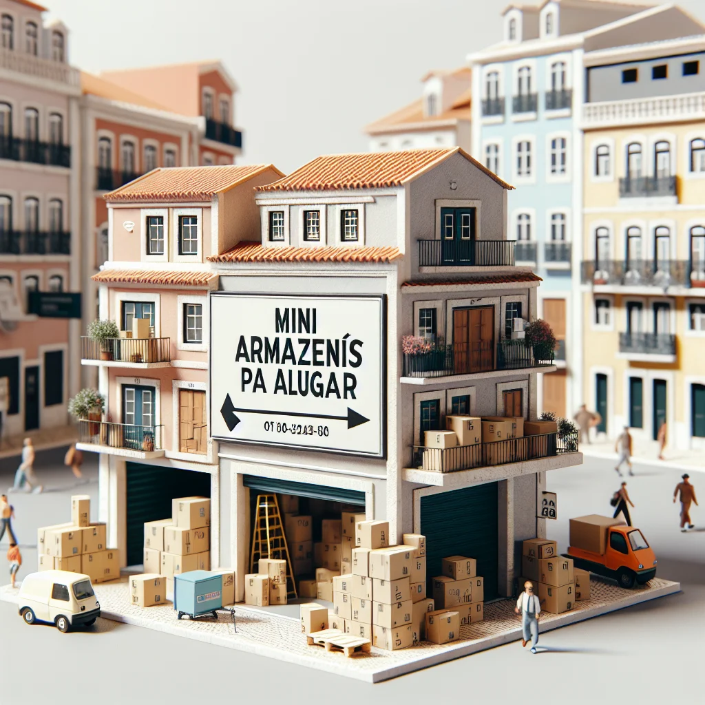 Stokarea - Mini Armazens Self storage Uma miniatura de um depósito com uma placa em português dizendo Mini Armazéns Pa Alugar, cercada por pequenas caixas, caminhões de entrega e pequenas figuras humanas, localizada em uma área urbana com prédios coloridos. Lidar em Portugal