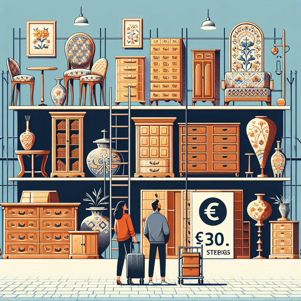 Stokarea - Mini Armazens Self storage Duas pessoas com malas observam uma exposição de móveis antigos de madeira, vasos e cadeiras nas prateleiras. Uma grande placa de preço indica € 30. O ambiente é interno, com uma paleta de cores suave em azul e bege. Lidar em Portugal