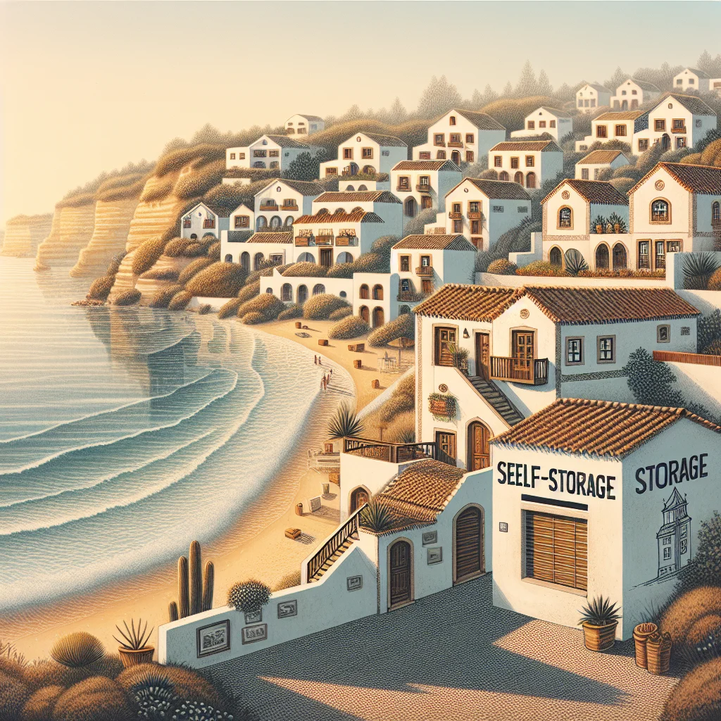 Stokarea - Mini Armazens Self storage Uma vila costeira com casas brancas nas encostas tem vista para um mar calmo ao pôr do sol. Entre as casas, há um edifício denominado Self-Storage and Storage. Uma praia de areia margeia a costa, e algumas pessoas caminham à beira da água. Lidar em Portugal