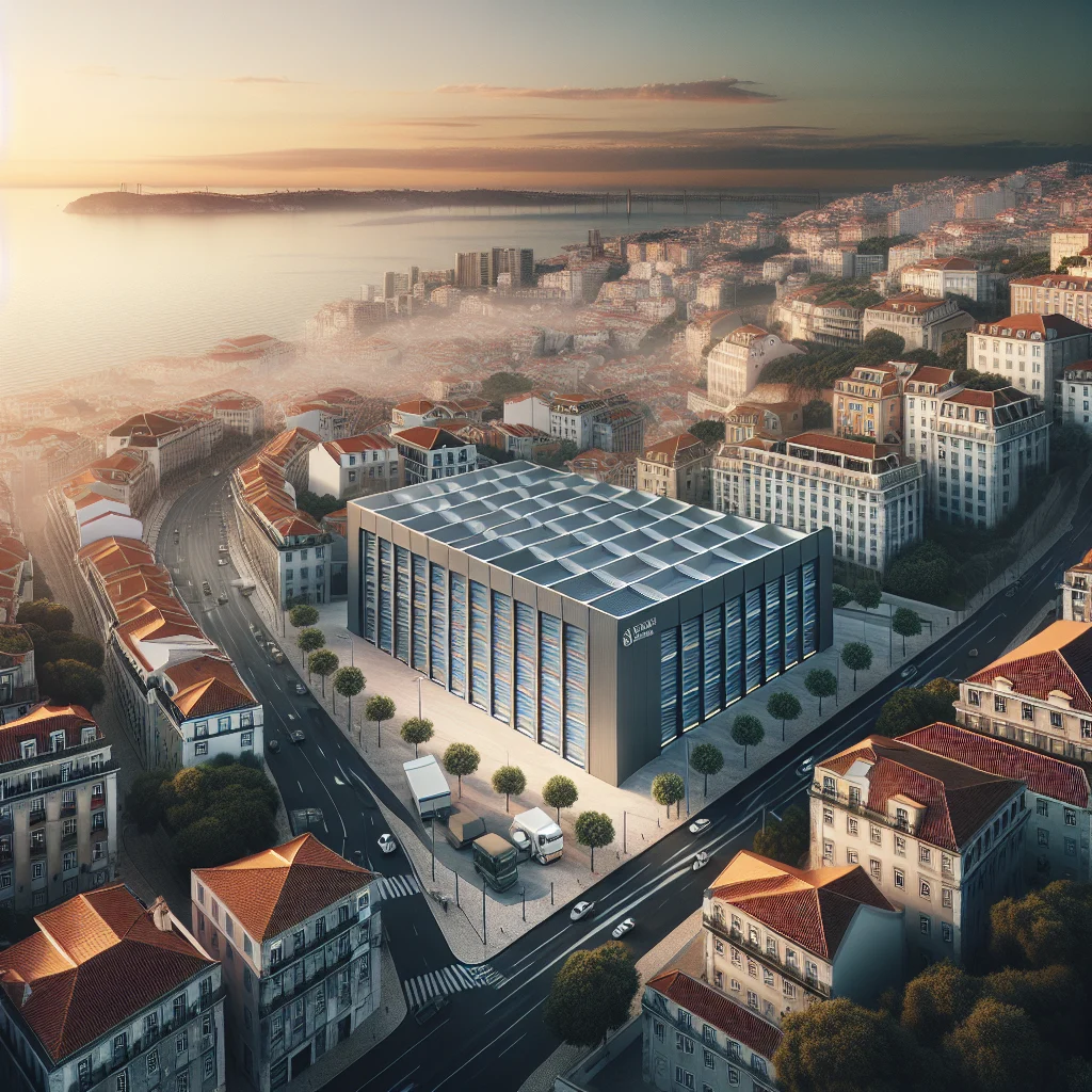 Stokarea - Mini Armazens Self storage Um moderno centro de dados com painéis solares no telhado fica no centro de uma cidade costeira europeia ao pôr do sol, cercado por edifícios tradicionais com telhados vermelhos e estradas sinuosas, com o mar visível ao fundo. Lidar em Portugal