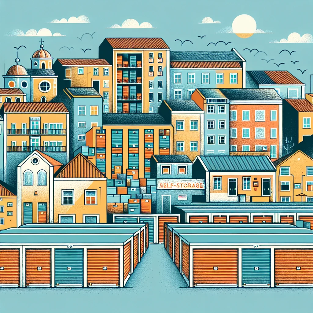 Stokarea - Mini Armazens Self storage Ilustração colorida de uma cidade com vários edifícios e diversas unidades de autoarmazenamento em primeiro plano, sob um céu parcialmente nublado com pássaros e o sol ao fundo. Lidar em Portugal