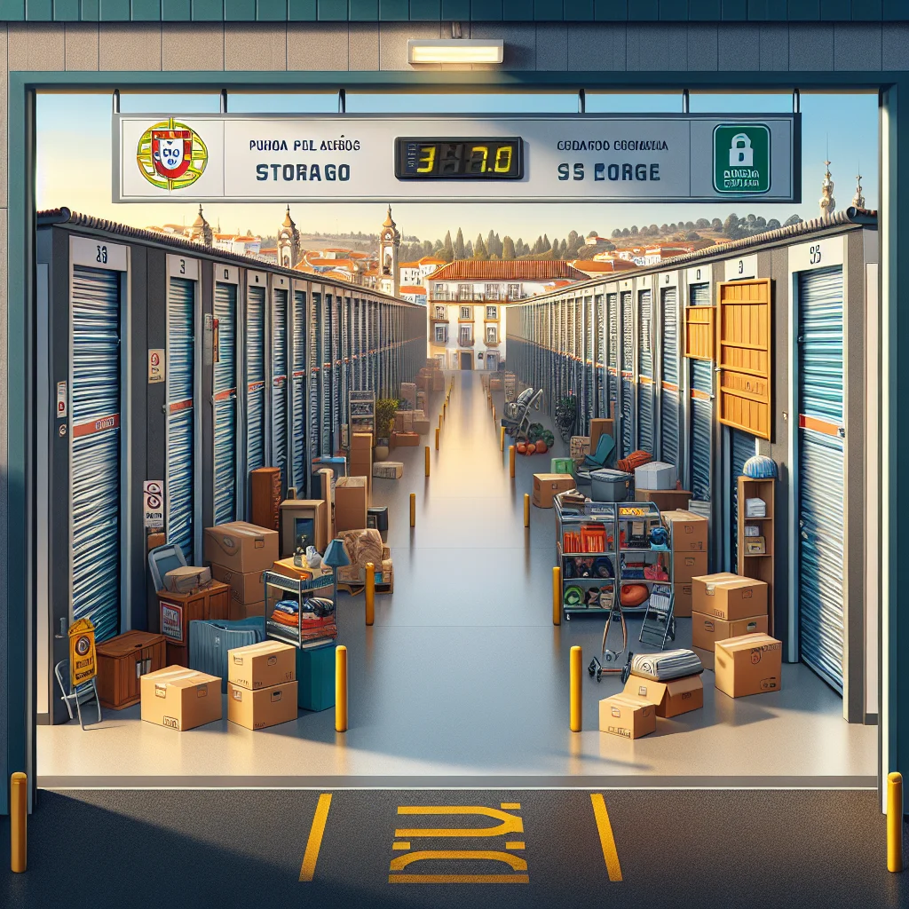 Stokarea - Mini Armazens Self storage Um depósito organizado com fileiras de armários azuis, muitos deles abertos, cheios de caixas, móveis e itens pessoais. A luz do dia entra com força, e um relógio digital acima da entrada mostra as horas. Lidar em Portugal