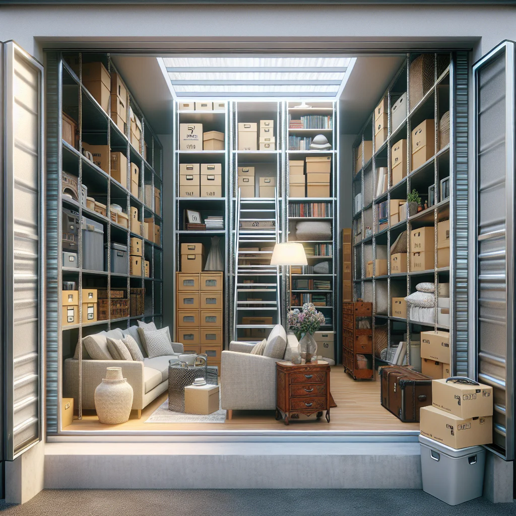 Stokarea - Mini Armazens Self storage Um armário de armazenamento bem organizado com prateleiras altas cheias de caixas e cestos etiquetados. No centro, há uma aconchegante área de estar com sofá, poltrona, luminária, mesa lateral, flores e caixas de mudança empilhadas ao lado. Lidar em Portugal
