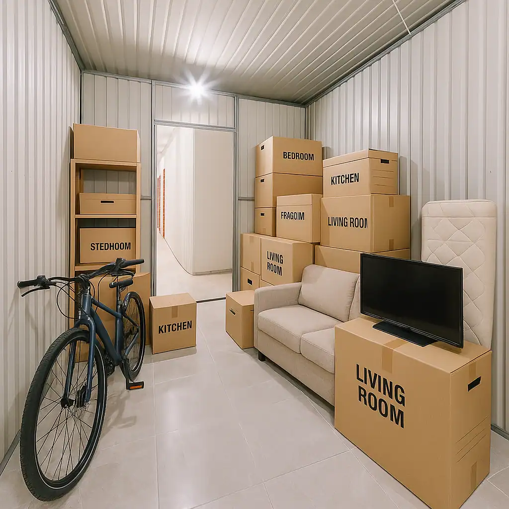 Stokarea - Mini Armazens Self storage Uma unidade de armazenamento com caixas de papelão empilhadas e etiquetadas por cômodo, uma bicicleta, um sofá bege, uma TV de tela plana e um colchão em pé contra uma parede. A unidade tem paredes de metal branco e piso de ladrilho. Lidar em Portugal