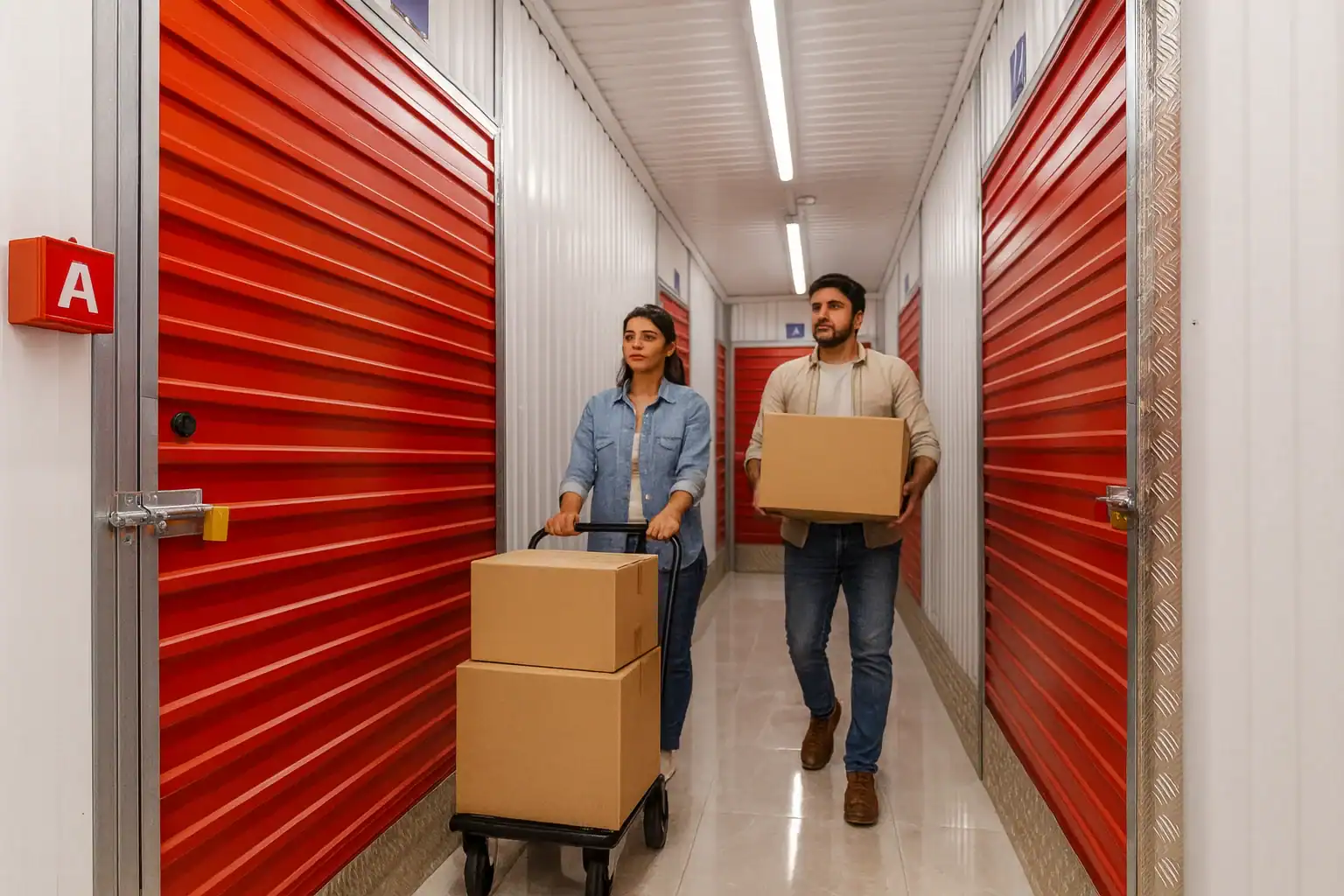 Stokarea - Mini Armazens Self storage Uma mulher empurra um carrinho empilhado com caixas enquanto um homem carrega uma caixa ao seu lado. Eles caminham por um corredor repleto de portas vermelhas de unidades de armazenamento. Lidar em Portugal