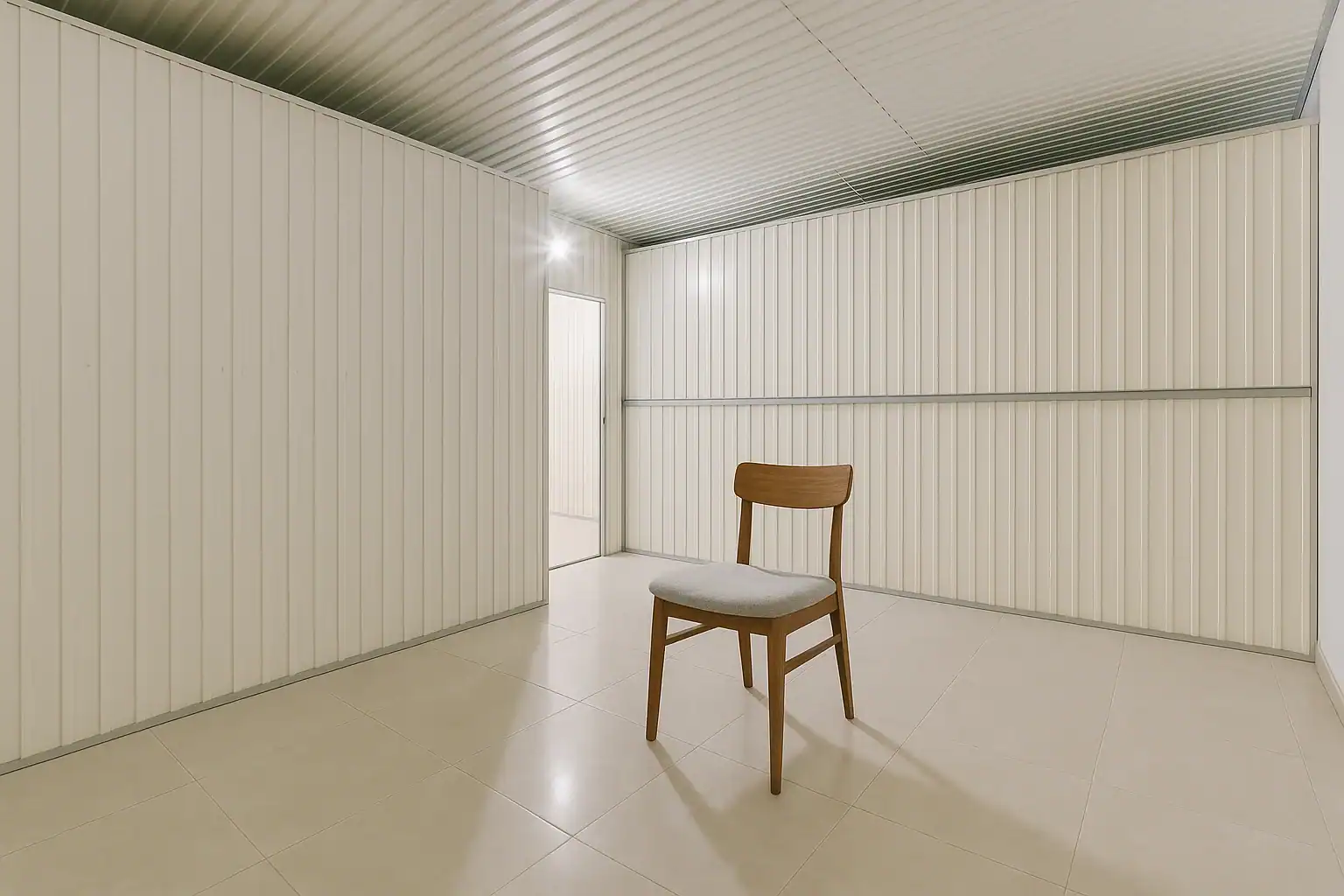 Stokarea - Mini Armazens Self storage Uma única cadeira de madeira com uma almofada cinza fica no meio de uma sala clara e vazia com piso de azulejos bege e paredes de metal corrugado cor de creme; uma porta pode ser vista ao fundo. Lidar em Portugal