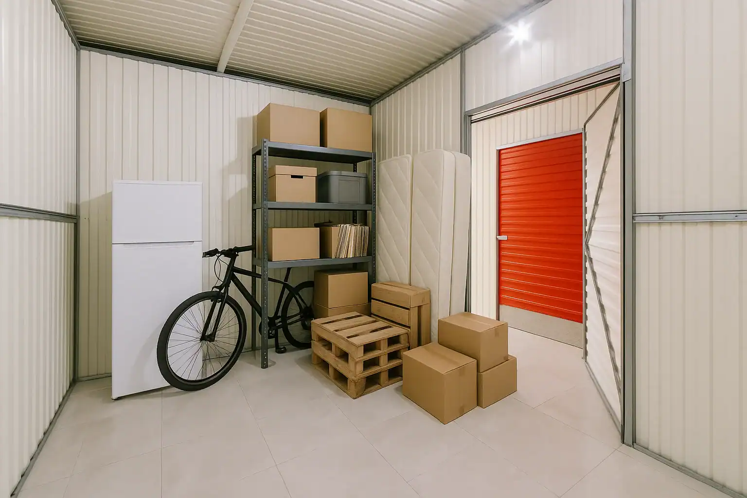Stokarea - Mini Armazens Self storage Uma unidade de armazenamento com uma prateleira de metal, caixas de papelão empilhadas, uma geladeira, uma bicicleta preta, um colchão, paletes de madeira e uma porta vermelha brilhante. As paredes e o teto são painéis de metal de cor creme. Lidar em Portugal